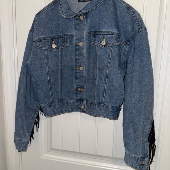 SHEIN Jean Jacket Blue and Black with Fringe and Animal Print - Picture 12 of 13